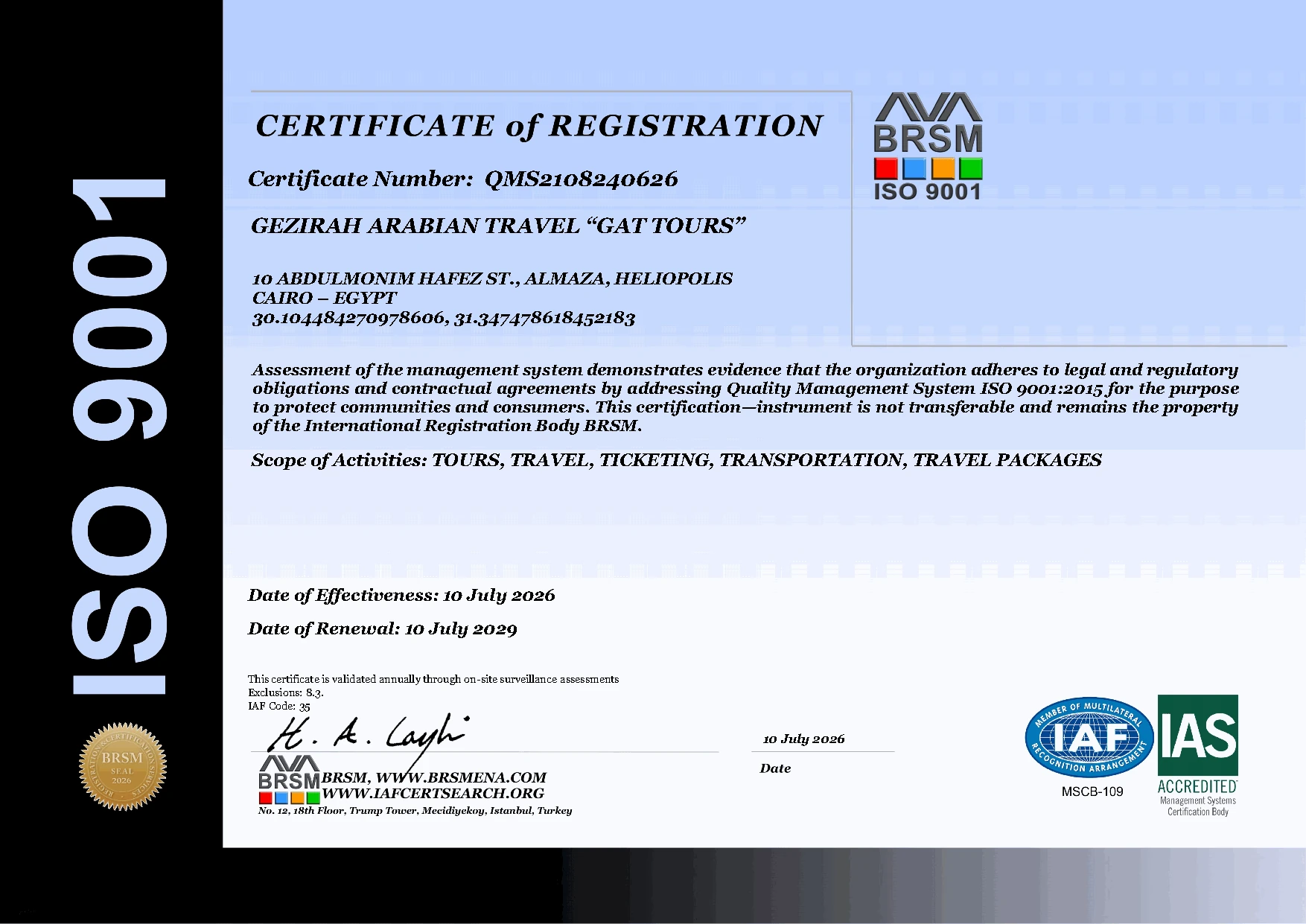GAT Tours ISO 9001:2015 certificate issued by BRSM
